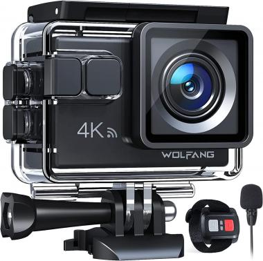 WOLFANG GA100 Action Camera 4K 20MP Waterproof 40M Underwater Camera EIS Stabilization WiFi 170° Wide Angle Helmet Camera (External Microphone, Remote Control, 2 Batteries and Accessory Kit)