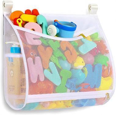 Baby Bath Toy Organizer With Machine Washable, Multiple-suspension Bath Toy Holder, Large Capacity, 2 Side Bags +4 Strong Hooks (1 Large, White)