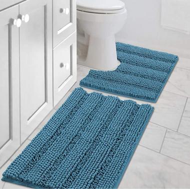 Bathroom Rugs Bath Rug Set 2 Piece Bathroom Contour Rug Toilet Mat Sets Non Slip Contour Bath Rug Set Ultra Thick Water Absorbent Striped Bath Mats Washable(20" x 32" Plus 20" x 20" U, Turquoise Blue)