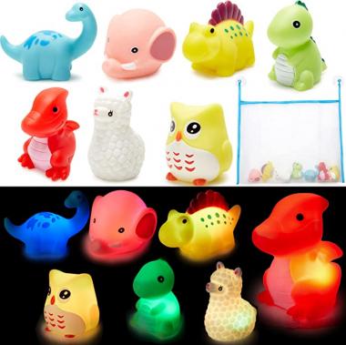 Uarzt Light Up Bath Toys 7 Pack, Floating Auto Flashing Color Tub Toys for Bathroom Bathtub Shower Game, Rubber Dinosaur Elephant Alpaca Owl for Toddlers, Pool Bath Toy for Baby Infant Kid Preschool