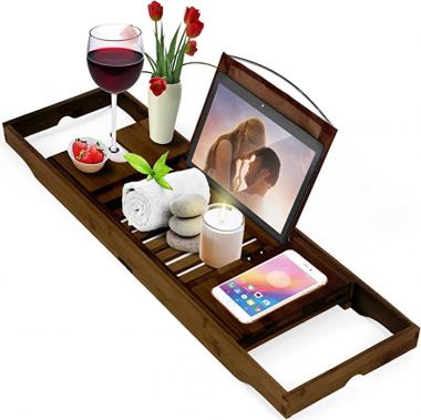 Homemaid Living Luxury Bamboo Bathtub Tray - Expandable Bathroom Tray with Reading Rack or Tablet Holder, Premium Bath Tray Includes a Wine Glass Holder, Bathroom Caddy fits All bathtubs