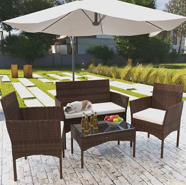 Patio Furniture Set, 4 Pieces Outdoor Furniture, Patio Rattan Wicker Chairs with Table, Cushioned Sofa Conversation Sets, Outdoor/Indoor Use for Backyard, Porch, Garden, Poolside and Balcony(Brown)