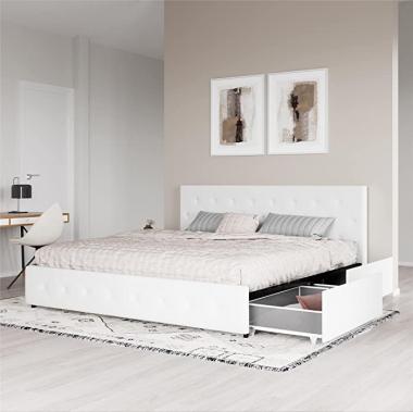 DHP Dakota Upholstered Faux Leather Platform Bed with Storage Drawers - King Size (White)