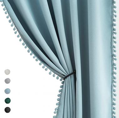 TREATMENTEX Pom-Pom Blue Curtains Living Room 84 inches Energy Efficient Thermal Insulated Room Darkening Curtain Panels for Bedroom Window Draperies Nursery Room Children 50in w x2 Panels Rod Pocket