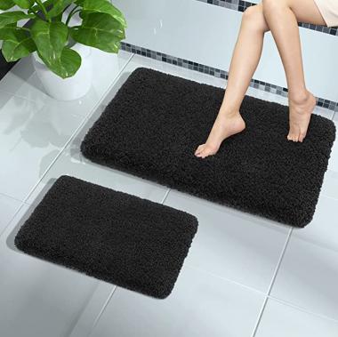 Yimobra 2 Pcs Luxury Plush Fliffy Bathroom Mats, Soft and Cozy Bath Rugs Set, Water Absorbent, Non Slip, Machine Washable, Thick Mat for Bathroom Tub Shower (Black, 31.5" x 19.8" + 17" x 24")