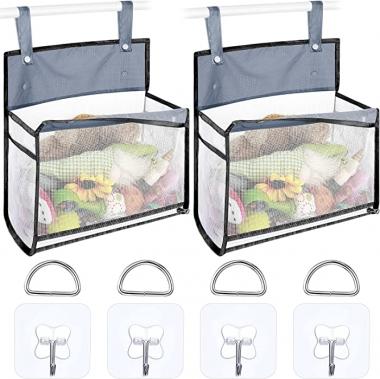 2 Pieces Bath Toy Organizer and Storage Bathtub Toy Holder Shower Bag for Toys Mesh Bath Toy Holder with 4 Adhesive Hooks, Multiple Ways to Hang Large Opening Bottom Zipper Bath Toy Net (Gray)