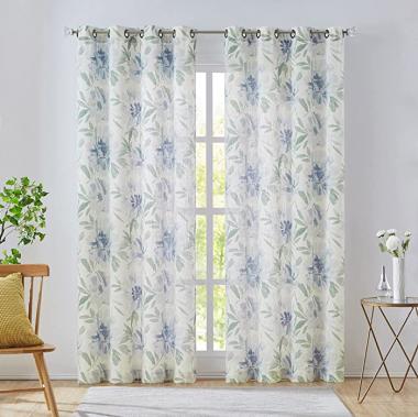 WEST LAKE Blue White Floral Curtains 84 Inches Long for Living Room Semi Sheer Linen Blend No See Through Bold Flower Printed Botanical Pattern Window Treatment for Bedroom Grommet 52Wx84L,2 Panels