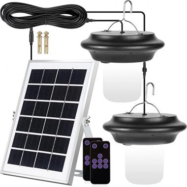 Double Head Solar Shed Lights with Remote Control, JACKYLED Solar Pendant Lights Auto On Off, Dimmable Outdoor LED Shed Lantern for Pergola Barn Chicken Coop Gazebo Carport Garage, Cool White