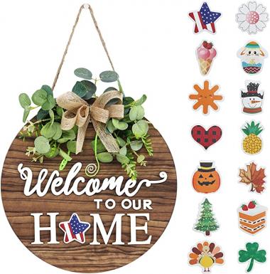 Interchangeable Seasonal Welcome Sign Front Door Decoration, Rustic Round Wood Wreaths Wall Hanging Outdoor, Farmhouse, Porch, for Spring Summer Fall All Seasons Holiday Halloween Christmas.