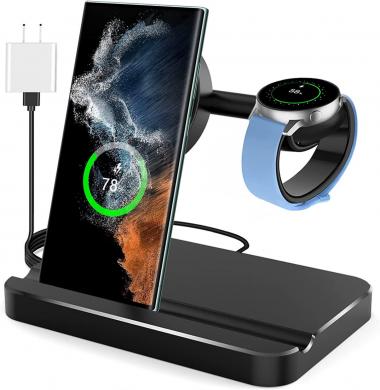 OenFoto 2-in-1 Charger Compatible with Galaxy Watch 3 41/45mm, Active 2/1,Gear S3 Charger Dock, Charging Stand/Charging Dock/Charging Station for Cell Phone(with QC 3.0 Adapter)