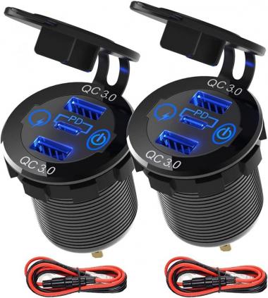 2 Packs PD Type C Car Charger Socket & Dual Quick Charge 3.0 Ports Aluminum, 60W USB C Triple 12V USB Socket Aluminum Car Charger with Touch Switch, Waterproof PD Charge for Car Boat Marine RV