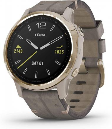 Garmin fenix 6S Sapphire, Premium Multisport GPS Watch, Smaller-Sized, Features Mapping, Music, Grade-Adjusted Pace Guidance and Pulse Ox Sensors, Light Gold with Gray Leather Band