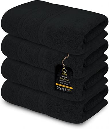 Laevis-Luxury Bath Towel Set 27 "x 54", Pack of 4, 100% Ring-Spun Cotton-Maximum Softness, Quick-Dry, Highly Absorbent with Fluffy Dobby Borders (Black)