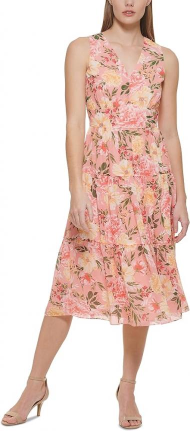 Vince Camuto Womens Printed Chiffon Midi Dress