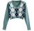 ZAFUL Women's Long Sleeve V-Neck Argyle Knitted Crop Sweater Pullover Tops