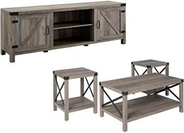 Home Square 4 Piece Farmhouse Barn Door TV Stand Console Coffee Table and 2 End Table Living Room Set in Rustic Gray Oak