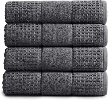 100% Cotton Super Soft Luxury Bath Towel Set | Quick-Dry and Highly Absorbent | Waffle Textured | 550 GSM | Includes 4 Bath Towels | Harper Collection (Dark Grey)