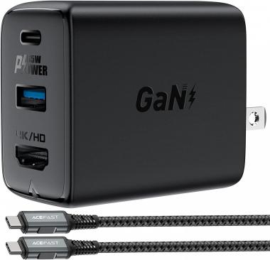 ACEFAST GaN PD65W 3 Port(USB C+USB A+4K/HD) Fast Charger Hub for Nintendo Switch, USB C 3.1 Laptops, Tablets, Foldable AC Plug Power Adapter Compatible with MacBook, Switch, HP, Acer, Samsung, ASUS