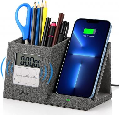 Lecone Wireless Charger Organizer Digital Timer, Wireless Charging Station with Pen Holder Alarm Clock 10W Fast Charge for iPhone 13/12 Series/11/XS/X Samsung Galaxy S20 S10 Note 10+/9/8 (NO Adapter)