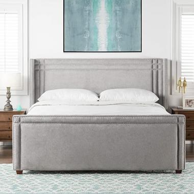 Jennifer Taylor Home Elle Collection Modern Upholstered King Size Size Bed Frame, Nailhead Trim, Silver Gray