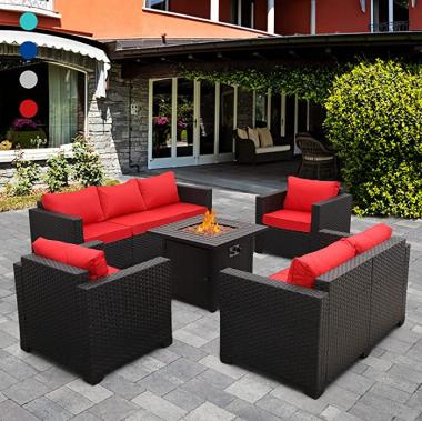 Patio Furniture Sectional Sofa 5-Piece 50000 BTU Propane Gas Fire Pit Outdoor Wicker Furniture Set Square Steel Pit Table with No-Slip Cushions Furniture Covers Lava Rock Anti-Splash Mesh, Red