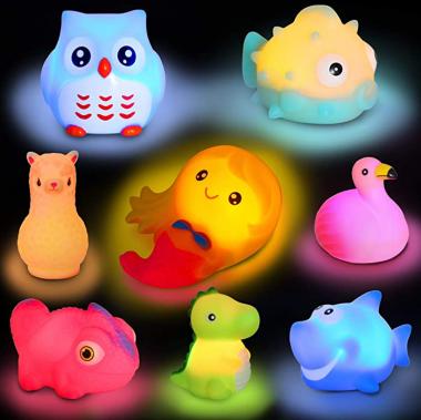 yoliyogo Animal Toy Bath Floating Toy with Auto Flashing Early Learning Toy Package with 8 Pcs Dinosaur Shark Flamingo Mermaid Etc Bathtub Shower Toy Gift for Kids&Pets