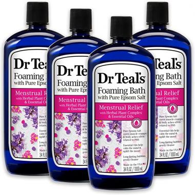 Dr Teal's Foaming Bath with Pure Epsom Salt Menstrual Relief with Herbal Plant Complex & Essential Oils 34 fl oz (Pack of 4)