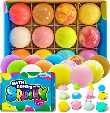 Bath Bombs with Surprise Inside Set of 12 Organic & Natural Bubble Fizz Bath Bombs for Girls & Boys & Women Moisturize Dry Skin, Gentle and Safe