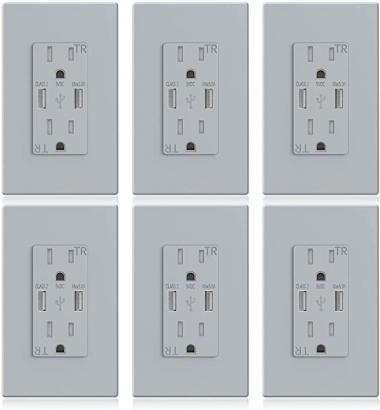 AllEasy USB Wall Outlet 5.0A, Duplex 15Amp Tamper Resistant Receptacles with 5.0A High Speed Dual USB Charging Port, Wall Plate Included, 6-Pack, Gray