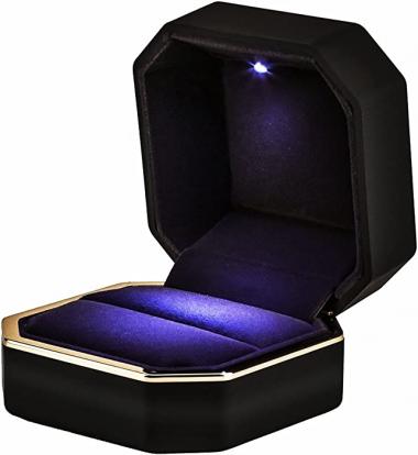 AVESON Luxury Ring Box, Square Velvet Wedding Ring Case Jewelry Gift Box with LED Light for Proposal Engagement Wedding, Black