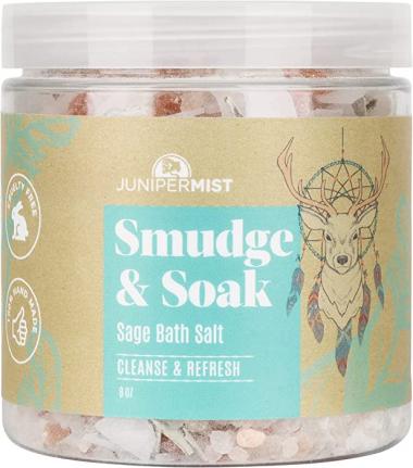 JUNIPERMIST Smudge and Soak Sage Bath Salts, Relaxing Bath Salt Blend with Magnesium Flakes, Dead Sea Salt, Cedarwood and Sage Pure Essential Oils, Spiritual Bathing with Epsom Salt 11oz (8 fl.oz)