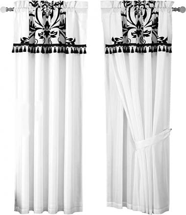 Chezmoi Collection 2 Panel Black and White Floral Window Curtain/Drape Set with Valance-Treatment Drapery