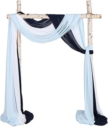 SHERWAY 3 Panels Chiffon Fabric Drapery Wedding Arch Drapes, Party Backdrop Curtain Panels, Ceremony Reception Swag Decoration (27 x 216 Inch, White & Navy Blue & Light Blue)