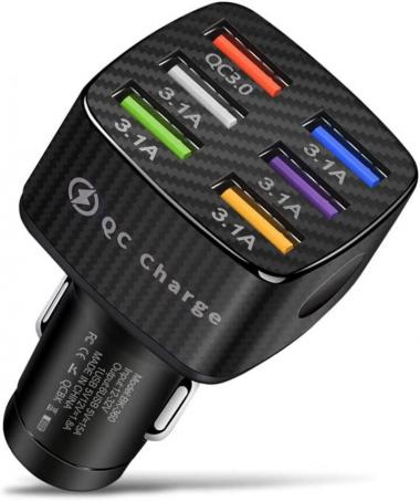 6-Port USB Car Charger, QC3.0 Fast Charging 6 USB Car Charger Adapter Smart Shunt Car Phone Charger with Light, Suitable for iPhone & Android,Samsung Galaxy S10 S9 Plus