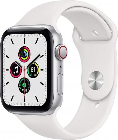 Apple Watch SE (GPS + Cellular, 44mm) - Silver Aluminum Case with White Sport Band (Renewed)