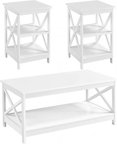 Yaheetech 3 Piece Living Room Wood Table Set, X-Design Coffee Table with Shelf & 2 x 3-Tier End Side Tables Storage Cabinet for Living Room, Accent Furniture, White