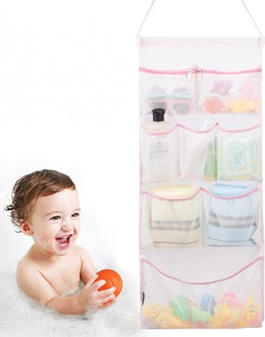 KISLANE Bath Toy Organizer with 8 Pockets for Baby, Hanging Baby Bath Toy Organizer for Quick Dry, Large Capacity Baby Bath Toy Holder(Pink)