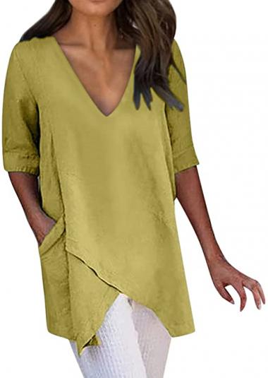 Womens Pocketd V Neck Cotton Linen Shits Long Tunic Casual Summer Tops Plus Size Split Hem Half Sleeve T-Shirt Blouses