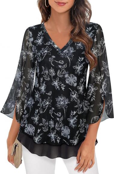 Timeson Women's 3/4 Sleeve Floral Blouses Shirts Double Layers V Neck Dressy Tunics Tops