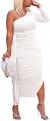 Women's Sexy Ruffle One Shoulder Dress Long Sleeve Split Ruched Bodycon Party Midi Dress