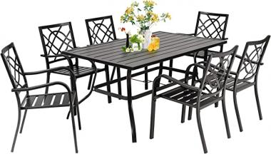 SUNCROWN 7-Piece Outdoor Wrought Iron Chairs and Table Patio Dining Furniture Set - 6 Stackable Metal Chairs and 1 Rectangular Steel Slat Bistro Table with 1.57" Umbrella Hole for Garden Backyard Deck