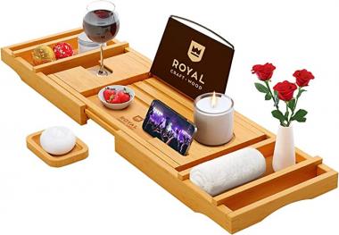 Luxury Bathtub Caddy Tray, 1 or 2 Person Bath and Bed Tray, Bath Tub Table Caddy with Extending Sides - Free Soap Dish (Natural)