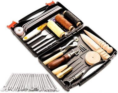 50 Pieces Leather Working Tools and Supplies with Leather Tool Box Prong Punch Edge Beveler Wax Ropes Needles Perfect for Stitching Punching Cutting Sewing Leather Craft Making