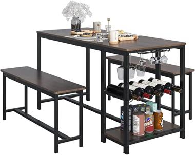 HITHOS 3-Piece Dining Table Set, Rustic Wood Kitchen Dinner Table with Benches for 4, Breakfast Nook Table with Wine Rack and Glass Holder, Dark Brown