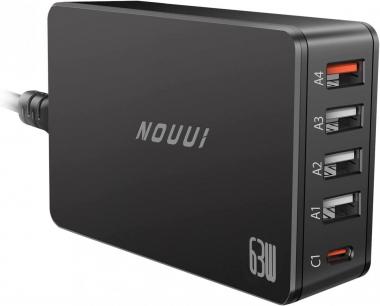 USB Charger, NOUUI 63W PD 3.0 & QC 3.0 5-Port USB C Charging Station with 1 USB C + 4 USB A Ports for Multiple Devices, Compatible with iPhone 13/12 Mini/MacBook Pro/iPad/AirPods/Galaxy