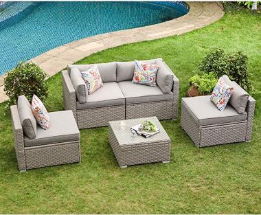 COSIEST 5-Piece Outdoor Furniture Set Warm Gray Wicker Sectional Sofa w Thick Cushions, Glass Coffee Table, 4 Floral Fantasy Pillows for Garden, Pool, Backyard