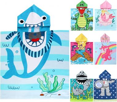 NovForth Kids Beach Towel for Boys Girls, Hooded Bath Towel Wrap, Toddler Pool Towel with Hood (24"X24" (1-6 Years Kids), Blue Shark)