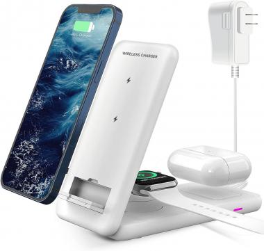 Wireless Charger, Foldable 3 in 1 Charging Station for iPhone 13,12,11 (Pro, Pro Max)/XS Max/XR/XS/X/8/8 Plus, Compatible with Apple Watch Series and AirPods 3/2/Pro with 18W Adapter(Pure White