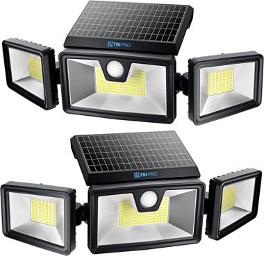 TBI Security Solar Lights Outdoor 216 LED 2200LM, 6500K - Extra-Wide Adjustable 360° 3 Heads with 3 Modes,Wireless Motion Sensor 40ft - Waterproof IP65 Spot Flood Lights Solar Powered 2200mah(2 Pack)