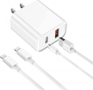 iPhone Fast Charger, [Apple MFi Certified] esbeecables 20W Dual Port PD3.0 USB-C + QC3.0 USB-A Rapid Wall Charger with 2X 6ft Lightning Cables, for iPhone 14/13/12/11 Pro, XS/XR/X/8/7P/SE/iPad/AirPods